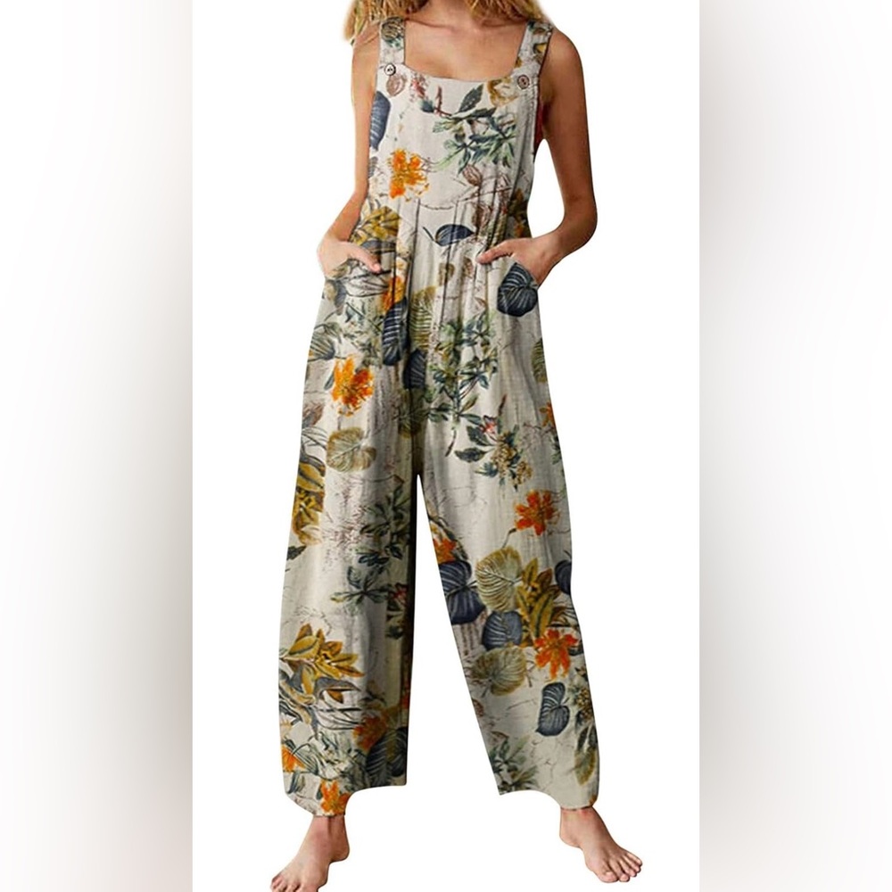 Summer Jumpsuit Boho Suspender Overalls Romper Pants with Pockets Bohemian